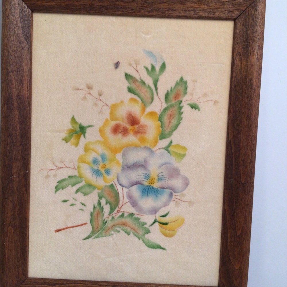 Vintage Pansy Wood  Framed Theorem , Velveteen Wall Art 7X9” Soft Pastel Colors